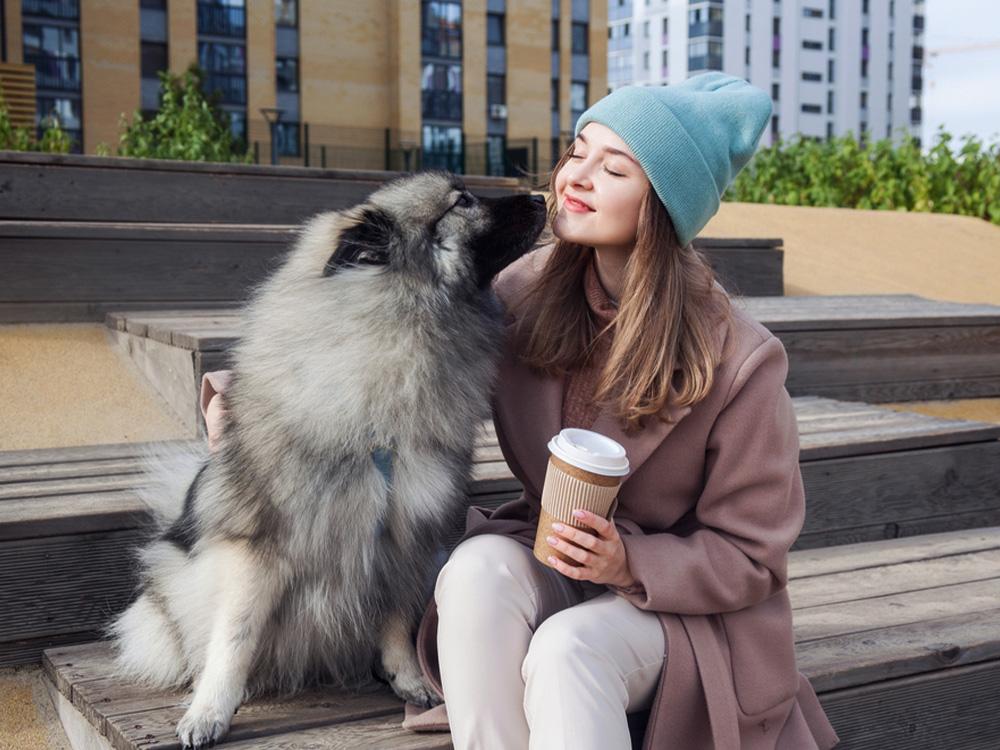 Keeshond and woman in front of home