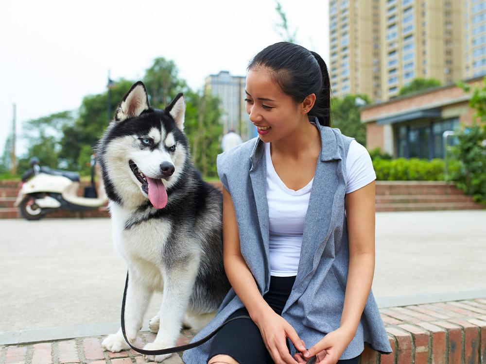 Husky and woman sitting in front of apartment